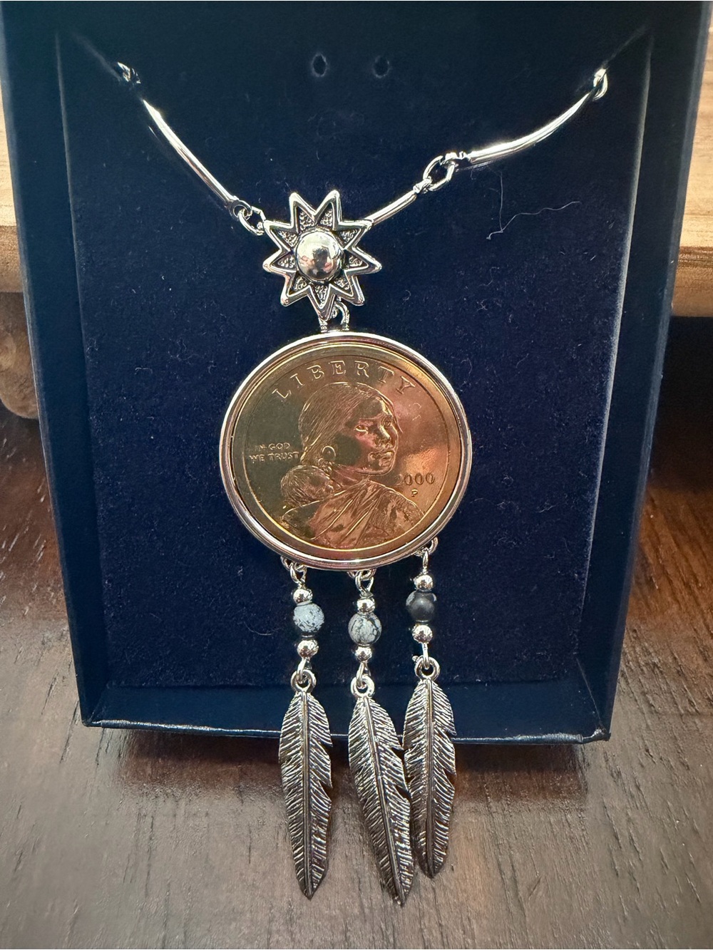 Sterling Silver Sacagawea Native Coin Pendant Necklace with Feather Charms -